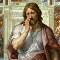 biblical God as interpreted by Michelangelo in sistine chapel, is crying in tears and is very sad and sorrow , after creating humans