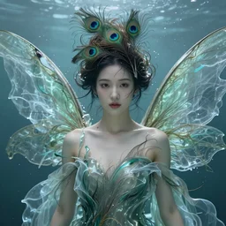 prompt portrait of a close up beautiful female fairy, translucent silky dress made of peacock feather, fluid simulation, peacock feather wrap the head, underwater ink env, wispy gigantic wings , hyperrealistic intricate details, asian face, by Peter Mohrbacher, trending on artstation, 8k