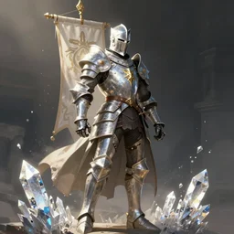 fragan tanguy style, fantasy knight standing in dramatic pose with a banner, growing crystals through armor, artstation, digital art, wide shot, sharp focus