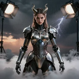 symmetry! closeup portrait of a biblical diabolical hunter model girl, fashon cyborg armor, in clouds, strong studio lights, thunder, rain! storm, sunset, by gerald brom, by mikhail vrubel, by peter elson, high contrast, muted colors, extreme detail, mirrors, trending on artstation, 8 k