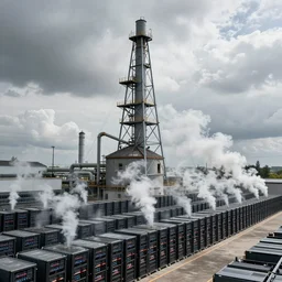 A massive GPU server farm in the shape of an industrial mill churning out an infinite exhaust of creative images and carbon emissions, by phillipe druillet