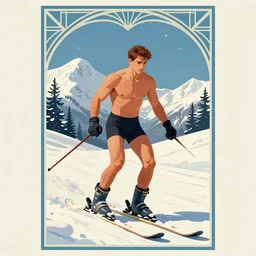 vintage travel poster | skiing | snowy | gay, shirtless, homoerotic | art deco, art nouveau | trending on artstation