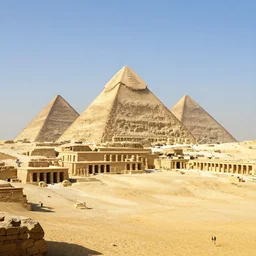 landscape with ancient egyptian city with huge monuments, temples and pyramids, artstation, an epic fantasy, cinematic lighting, hyper realistic, photographic, sharp focus, by greg rutkowski and alphonse mucha