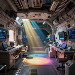 interior design of a space station, octan render, hyperrealism, colorful, light rays, highly detailed, excellent composition, cinematic, trending on artstation