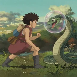 unrealistic studio ghibli dull colors pov action shot from close encounters of the third kind 1 9 7 7 of a warrior battling a snake bubble.