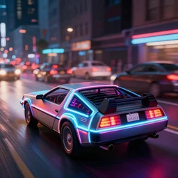 a 2 8 mm closeup photo of a tela tron neon delorean back to the future car driving a on wet city street with lots of traffic at night, intricate, speed, action, need for speed, hyper detailed, smooth, high contrast, neon, volumetric lighting, octane, moebius, greg rutkowski, blade runner, ripley scott, mad max, cindmatic