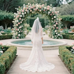 analog photograph of beautiful woman from the back wearing a long flowing trumpet style lace wedding dress and veil in a stunning garden on a small stone pathway with a flower archway and a pristine fountain at midday by mark owen. rule of thirds. pastel colours. bokeh. cinematic. hq. detailed. contrast. cinestill 8 0 0 t