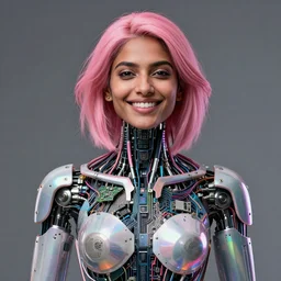 portrait of a happy indian woman with pink hair as a cyberpunk cyborg half robot, revealing wires and electronics, circuit boards, wire management, sci - fi, missing panels, intricate abstract upper body intricate artwork, concept art, octane render, deviantart, cinematic, key art, hyperrealism, iridescent accents, portrait photograph, nikon 3 5 mm, photograph by greg rutkowski