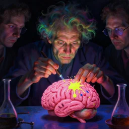 close - up view of an ultraviolet mad scientist with crazy hair experimenting on an pink brain with splattered neon paint, highly detailed science fiction painting by norman rockwell, tim jacobus, simon bisley, and sanjulian. detailed texture, rich colors, high contrast, gloomy atmosphere, dark background. trending on artstation