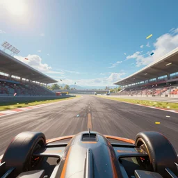 low wide angle shot worms eye view of a realistic futuristic vehicle racetrack winner circle with confetti on a sunny day with a clear blue sky, cyberpunk, digital painting, good value control, vibrant colors, rule of thirds, golden ratio, horizon line focus, sharp focus, 8 k, fourze, realistic textures, waveriders, f - zero
