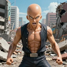 Realistic miniature portait of Saitama raging to the camera, ruined city background, one punch man, movie shot, cinematic perspective, full hd, Vibrant colors, 8k