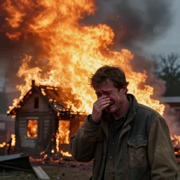 Photo, A man crying because his house has burned down. huge fire.