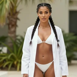 a woman with braids dressed as a doctor and in a bikini