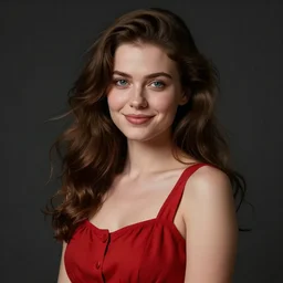 a portrait of a cute woman, long brown hair, medium wavy hair, blue eyes, wearing a red sundress, button nose, round face, soft chin, soft facial features, chubby cheeks, very detailed digital art, sultry smile, happy expression, dynamic lighting, moody atmosphere, dark background, hyperrealistic portrait art by greg rutkowski