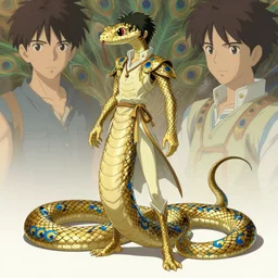concept designs for a character that is an ethereal anthro snake with hands, golden scales and blue accents scattered in its design, influences from peacocks and mantis shrimp for its clothing of choice, it has a single leg that is a serpents tail, art by yuji ikehata and satoshi kon, background art by miyazaki, realism, proper human male proportions, fully clothed, dungeons and dragons, anime