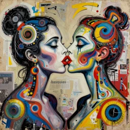 expressive painting of two bizarre psychedelic femme creatures kissing each other closeup, speculative evolution, mixed media collage by basquiat and jackson pollock, magazine collage art
