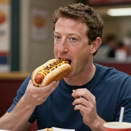 Photorealistic Mark Zuckerberg eating a hotdog, Hyperdetailed, 108 Megapixels, Artstation concept art