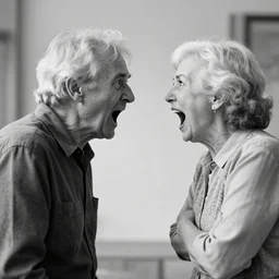 poignant portrait black and white photo of an old couple screaming at each other, nostalgia, argument