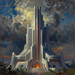 a cyberpunk art deco monument to yhwh by greg rutkowski and claude monet, oil on canvas.