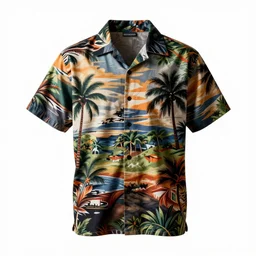 chrome hawaiian shirt, studio product photography, isolated on a pure white background, centered, entire object in frame, sharp focus, soft studio lighting