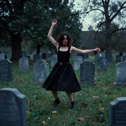 7 0 s film still from a horror movie starring a person with anorexia dancing in a graveyard, kodachrome, cinecolor, cinestill, photorealism, cinematic, film grain, film texture, vhs recording