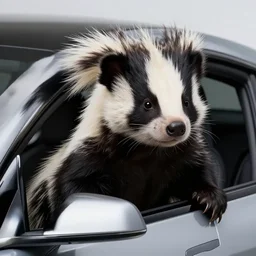 elon musk dressed like a skunk, closeup detailed, tesla car, studio photo