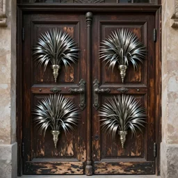 a huge old weathered dark brown wooden door with shiny metallic rush plant ornaments, ornate, fantasy, photorealistic, realistic, octane render, volumetric light, high definition, ultra detailed, tranding on artstation, midjourney