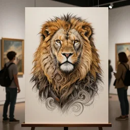 Portrait drawing of a inventor Lion man at a wall people looking at it on a art gallery, artistic pose, cinematic shot, intricate, ornate, photorealistic, ultra detailed, realistic, 100mm, photography, octane, high definition, depth of field, bokeh, 8k, artstation