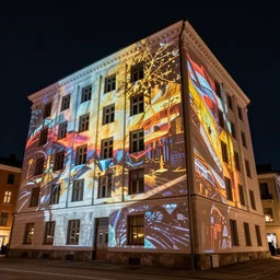 generative art projected on the facade of a building in helsinki