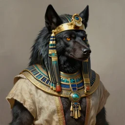 very detailed portrait painting of a Tribal Egyptian Clothes Werewolf with black fur, featured in artstation, concept art by Greg Rutkowski, WLOP, Dan Mumford, Christophe Vacher