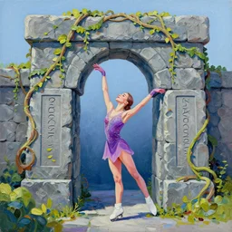 colorful anastasia trusova impasto!! acrylic painting of the slate stone gateway of a forgotten civilization. vines and creepers, stone etchings