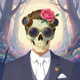 a skull wearing a steampunk plague mask, rose, otherwordly forest, white tie, pixiv fanbox, dramatic lighting, maximalist pastel color palette, splatter paint, pixar and disney exploded - view drawing, graphic novel by fiona staples and dustin nguyen, peter elson, clean cel shaded vector art, trending on artstation