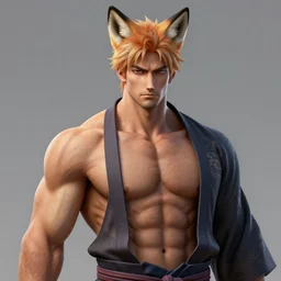A handsome, muscular man with fox ears wearing a kimono, portrait, bishounen, visualartzi, Japanese, concept art by Karla Ortiz, James Paick, Charlie Bowater, Krenz Cushart, highly detailed, ultra detailed, ultra realistic, trending on artstation, cgstudio