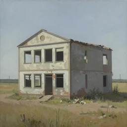 painting of an abandoned building in an open landscape by lee madgwick