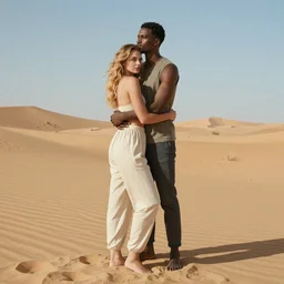 a black man standing in the desert, hugging from behind a white woman who is the same height as him