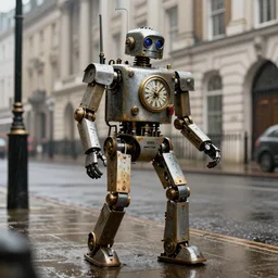 A clockwork military robot patrolling the streets of London, 1890, intricate mechanical statue, rain, 8k HD detailed concept art by Greg Rutkowski