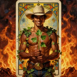 a beautiful dramatic epic ethereal symmetrical painting of a handsome cowboy holding a green plant in his hands | he is dark skinned and shirtless and wearing a cowboy hat and is draped in ivy and smiling | background is an epic flames fire conflagration | tarot card, art deco, art nouveau | by Mark Maggiori | trending on artstation