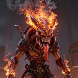 giger doom demon predator portrait of satan with long tongue, fire and flame, burning head smoke, Pixar style, by Tristan Eaton Stanley Artgerm and Tom Bagshaw.