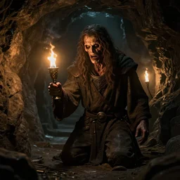 epic masterpiece of cinematographic hyperrealism where an archeologist finds a goblet of immortality in a dark crypt. torches realistic shaded lighting poster by craig mallismo, artgerm, jeremy lipkin and michael garmash, unreal engine, detailed and intricate environment, digital art, art station trends, horror, matte