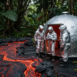 scientists in a silver bunker suit exploring the red magma fields in the jungle, award winning photograph