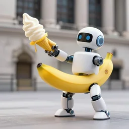 a robot made of bananas attacks wall street with an ice cream cannon : : illustrated by artgerm, karol bak, yoji shinkawa : : photorealism, graphic novel, digital illustration, digital art