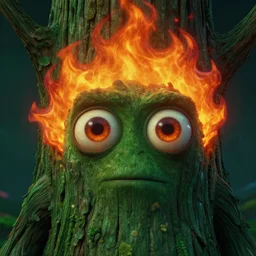 detailed rocky scene, a close up of a funny tree monster fire spirit with detailed large eyes and flaming hair by maurice sendak, shaun tan made in hyperrealistic 3 d, octane render, dark green colours, sharp focus, 8 k, nighttime, concept art, artstation