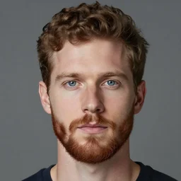 a portrait - mode photo of a handsome white man. he is 3 0 years old, white, oval face, blue eyes. with a very short reddish - brown beard and short curly brown hair.
