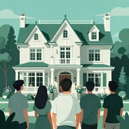 people looking at a house, intricate, elegant, highly detailed, vector illustration, artstation, concept art, smooth, sharp focus, illustration, art by samuel werczler, tom whalen, niark 1, jonny wan, sea green color theme