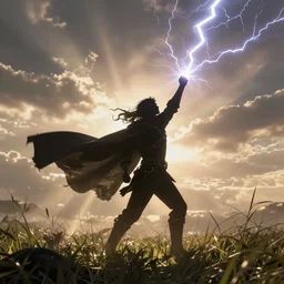 the silhouette of a fantasy hero with a long cloak fluttering in the wind, he confidently goes forward raising his fist up, which is hit by bright lightning, cinematic view, epic sky, detailed, concept art, low angle, high detail, warm lighting, volumetric, godrays, vivid, beautiful, trending on artstation, by jordan grimmer, huge scene, grass, art greg rutkowski