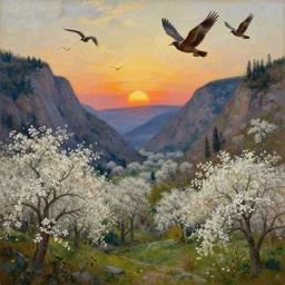 a valley with trees in flower. flowers. giant birds flying. sunset. full - length, oil painting in a modern style, very detailed, painted by caravaggio, greg rutkowski, sachin teng, thomas kindkade, enki bilal, tony sandoval, norman rockwell, tom bagshaw.