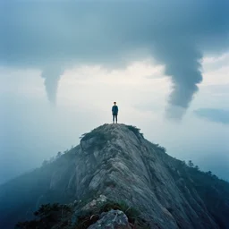 gigachad on top of a tall mountain, blue fog, tornadoes surrounding, film photography, soft lighting, vignette