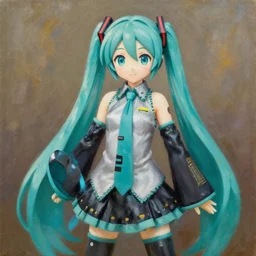 an oil painting of an oil painting of an oil painting of an oil painting of a Nendoroid of hatsune Miku by Rembrandt, masterpiece painting