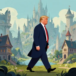 Donald trump walking, perfect fces. | background = fantasy art landscape, fantasy city, fantasy kunst, fantasy castle, fantasy house, architecture mystery, artstation, house illustration