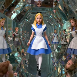 vfx surreal 3 d portrait of alice from wonderland walking into a non - euclidean and infinite tunnel of evanescent hallucinatory images, reflections in endless mirrors, hyperdetailed, octane render, sharp focus, concept art, intricate by alex grey, greg rutkowski jeff soto and daniel merriam, dan mumford and pixar, octane render